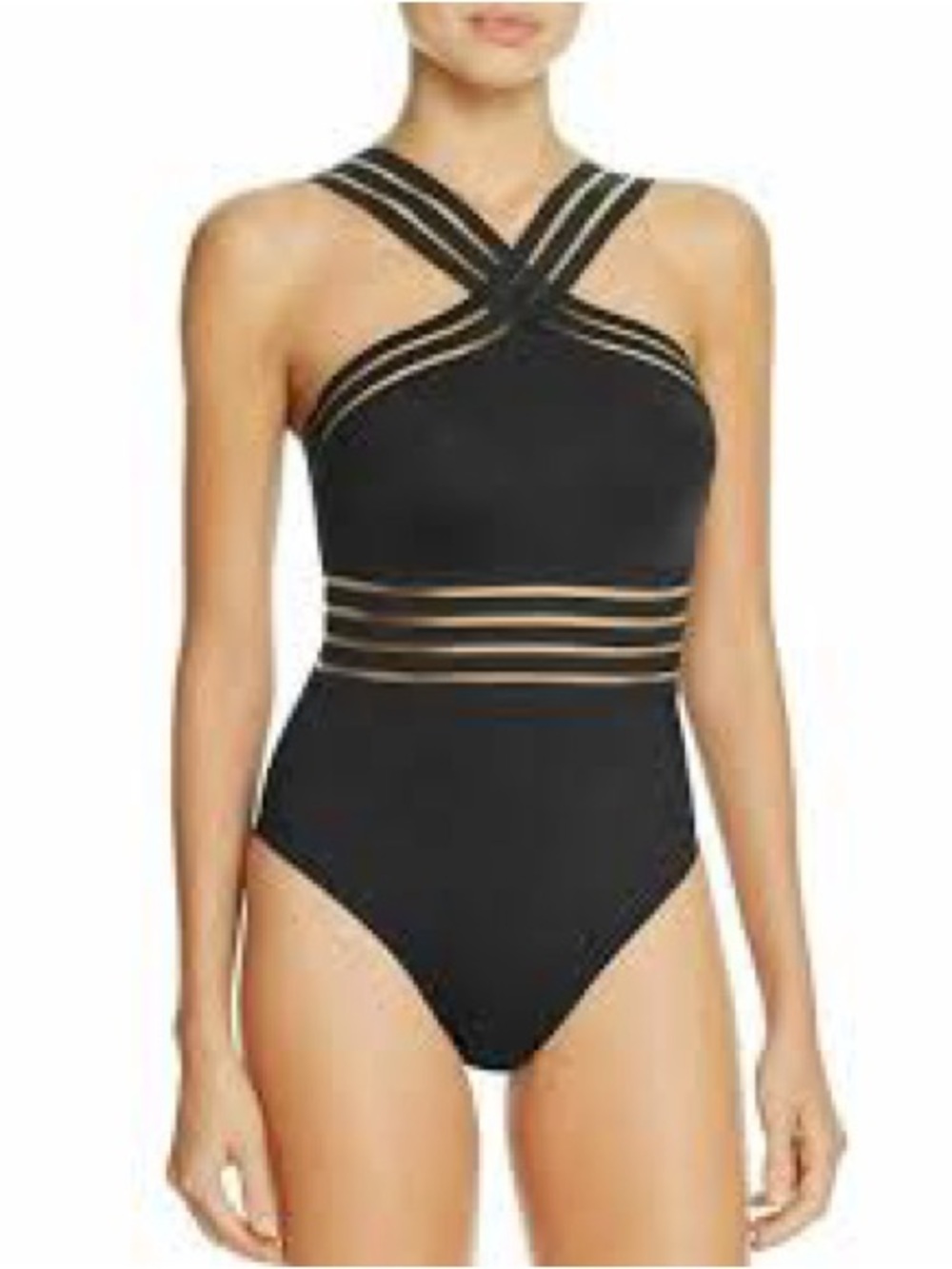 Kenneth Cole High Neck One Piece Swimsuit small black mesh New York beach pool
